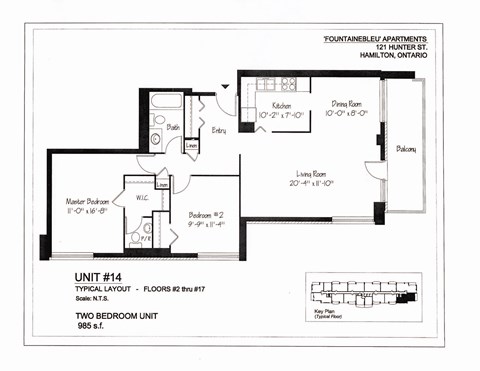 A floor plan for a two bedroom unit at Fountainebleu Apartments in Hamilton, Ontario.